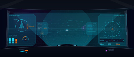 Futuristic spacecraft cockpit HUD with docking alignment, defense panels, thrust gauges, power grid data, and dark panoramic flight view © Антон Сальников