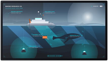 Futuristic marine research tablet interface showing survey vessel, underwater ROV, whale silhouette, ocean scan overlays, and deep sea sensors. © Антон Сальников