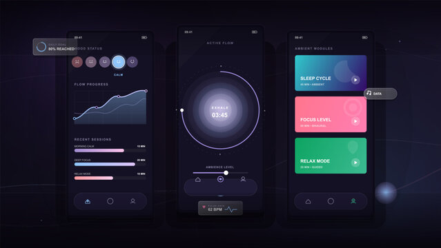 Dark wellness mobile app vector interface with meditation timer, mood tracker, sleep modules, progress charts, and neon gradient screens