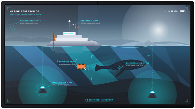 Futuristic marine research tablet interface showing survey vessel, underwater ROV, whale silhouette, ocean scan overlays, and deep sea sensors.