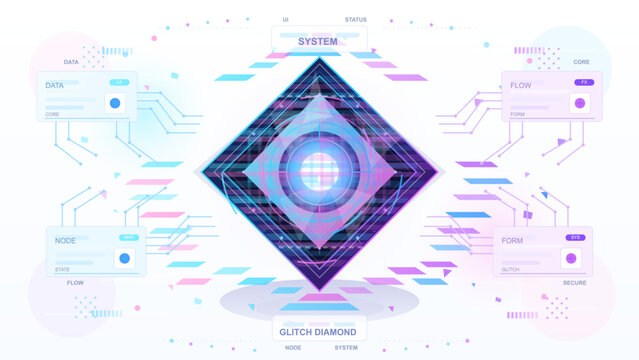 Futuristic glitch diamond interface with glowing pixel core, circuit lines, data cards and cyan purple geometric UI elements on white background