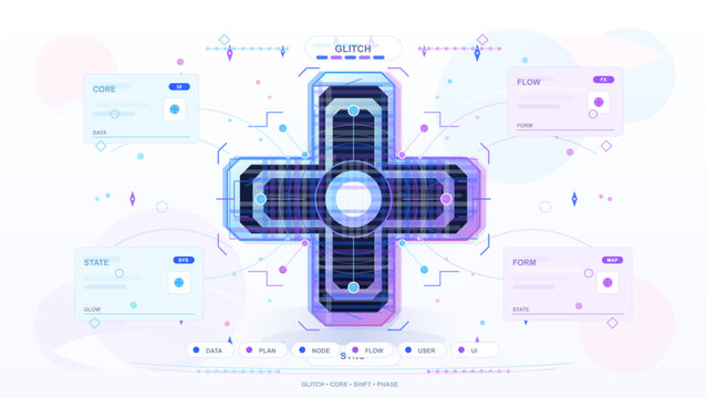 Futuristic glitch cross interface with glowing pixel core, circuit connections, data panels and cyan purple geometric UI elements on white background