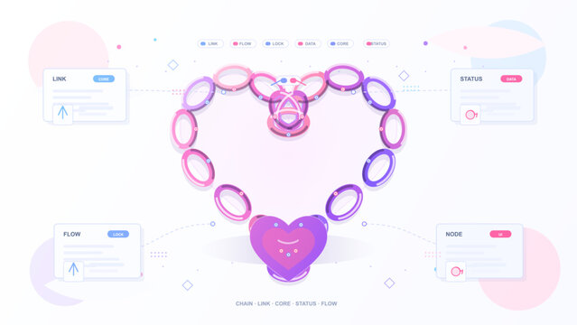 Futuristic heart chain interface with pastel oval links, glowing pendant core, data panels and decorative UI elements on clean white background