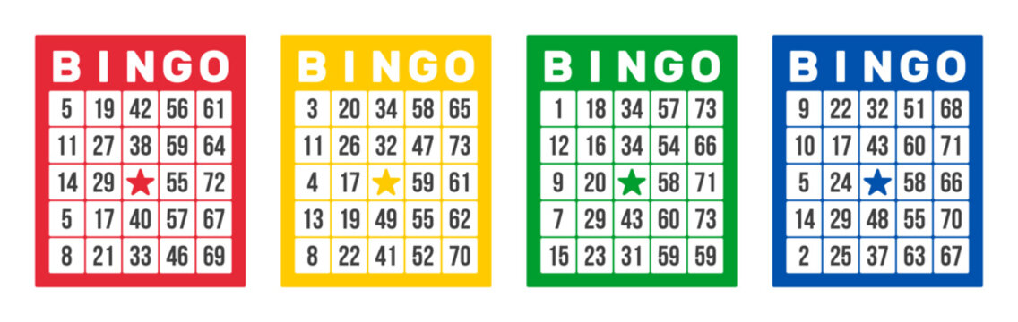 4 bingo game cards with numbers collection, colorful grid layout vector template