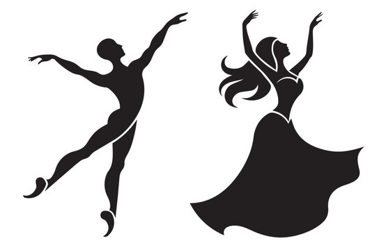Silhouettes of a male ballet dancer and a female ballroom dancer with pointe shoes, pas de deux