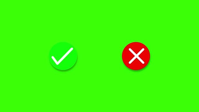 Tick cross check marks icon sign animation on a green background, green tick and red cross icon animated.