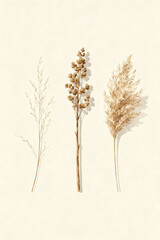 Fototapeta premium Minimalist botanical study of three unique dried grasses and seed stalks. Earthy textures and delicate organic forms presented against a clean, light background