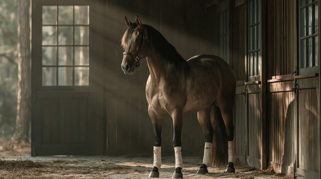 A majestic brown horse standing inside a rustic stable illuminated by dramatic natural sunlight