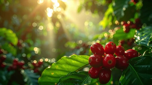 Vibrant red berries on a lush green plant, bathed in sunlight. Bokeh effect creates a dreamy feel