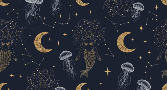 celestial mermaid seamless pattern with jellyfish moons and constellations