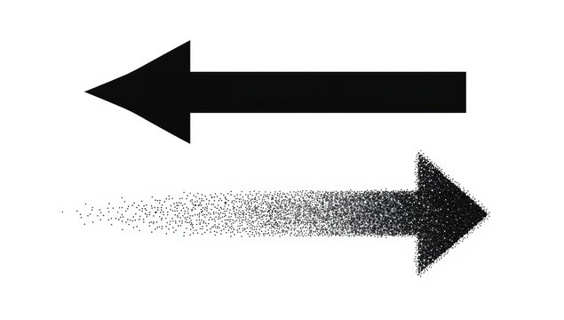 Two arrows pointing in opposite directions one solid black and one dissolving into dots on a white background