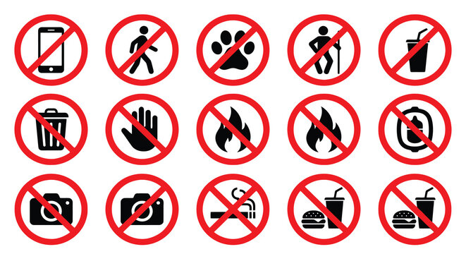 prohibited signs icons set no access symbols in red circles