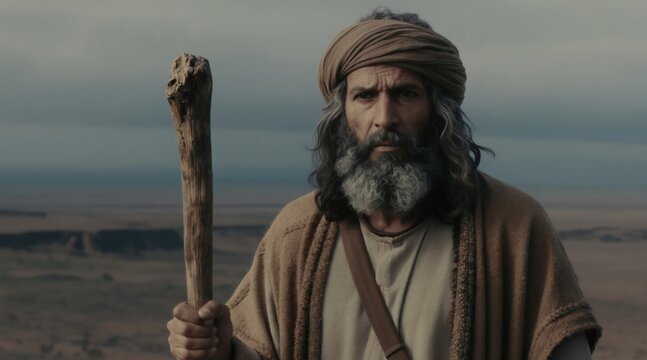 Bearded man with staff in desert landscape. He wears turban and robe, looking forward with solemn expression. Biblical prophet in wilderness under cloudy sky. Ancient journey.