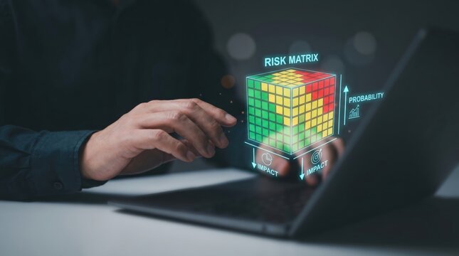 Enterprise Risk Management and Assessment Concept: Hands on Laptop with Holographic Risk Matrix Heatmap, Probability, and Impact Icons