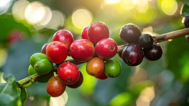 Close-up of coffee cherries in varying stages of ripeness on a branch. Bokeh background