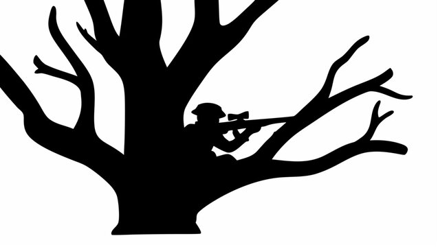 Sniper hidden in tree branches camouflaged silhouette hunting concept stealthy atmosphere white background