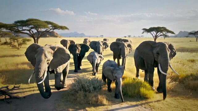 Large Herd of African Elephants Walking Across the Savannah Wilderness