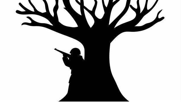 Sniper silhouette hidden in bare tree branches aiming rifle camouflaged in darkness symbolizing stealth and concealment in a natural environment