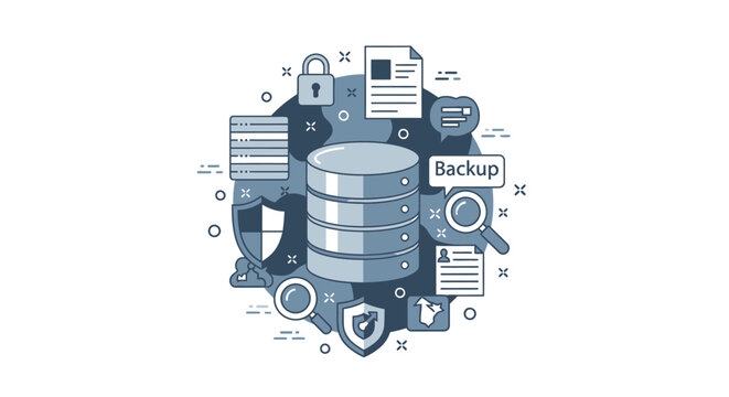 Secure Data Storage and Cloud Database Management Illustration with Backup, Cybersecurity, and Global Network Connectivity Icons