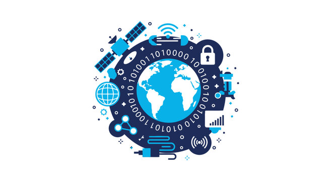 Global Network and Digital Technology Concept with Earth, Satellite, and Cyber Security Icons - Flat Vector Illustration