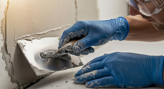 Worker hands in blue gloves plastering wall edges, applying fresh plaster with steel trowel to interior wall. Renovation project plastering wall edges demands precision for smooth finish.