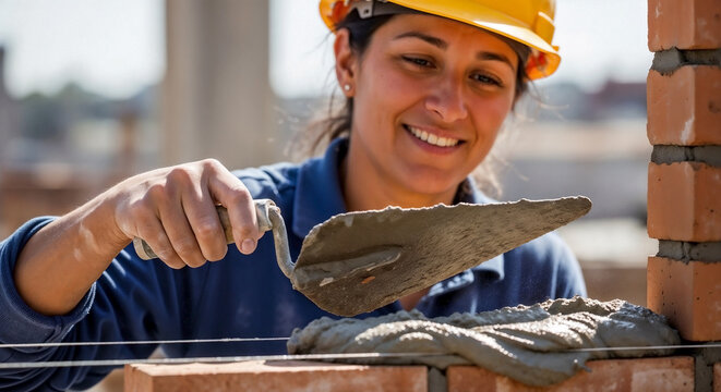 Smiling woman bricklayer in yellow hard hat, working on construction site. Diligent woman bricklayer applies mortar with trowel, laying red bricks for sturdy wall.