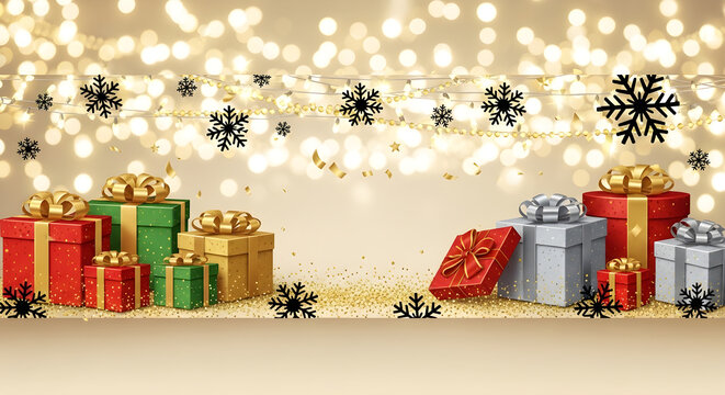 Festive christmas gift boxes with lights and snowflakes holiday season