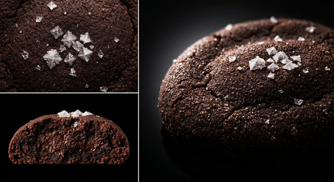 Dark chocolate cookie with large sea salt crystals and soft texture.