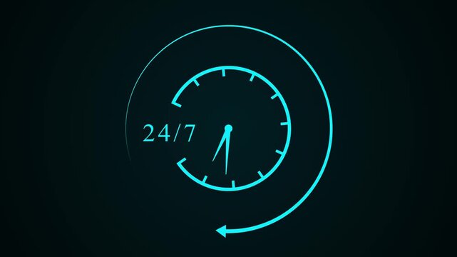 24 hours and 7 days with Clock icon animation with gradient background.