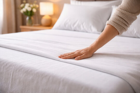 Close-up of hand arranging bed linen in cozy bedroom, symbolizing hygiene, comfort, and home care