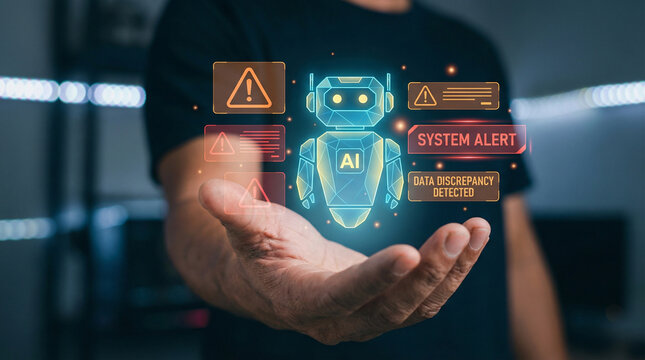 Man holding glowing robot hologram displaying system alert and data discrepancy warning notification with caution icons on palm