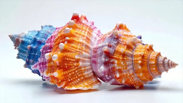 Three vibrantly colored seashells on a white background, displaying a range of blues and oranges