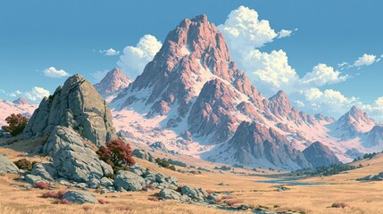 Naklejka premium Majestic Snow Capped Mountain Peak Rising Over a High Alpine Valley Meadow Landscape Scene