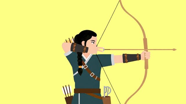 A woman in traditional green tunic and leather gear draws a bowstring to take aim. This 2D animation represents archery, precision, and historical or fantasy sports themes.