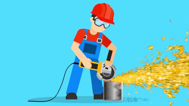 A flat 2D animation of a builder in a hard hat and overalls using a power tool to cut metal. Bright yellow sparks fly from the grinder against a solid blue background.