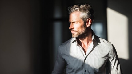 Fototapeta premium Man with beard and striped shirt looking away in sunlight, thoughtful expression and natural light on face with dark blurred background indoors.