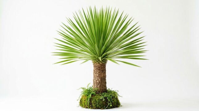 Yucca plant in decorative moss pot studio lighting isolated on white background