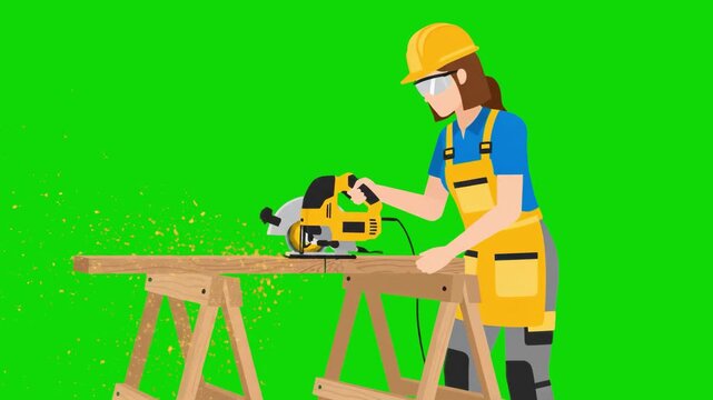 A 2D animated female carpenter wearing a yellow hard hat and safety goggles cuts a wooden plank using a circular power saw. Golden sawdust flies off the workbench in this flat vector loop, set against