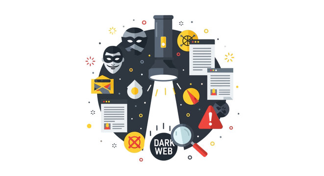 Dark Web Cyber Security Monitoring Illustration with Flashlight, Hacker Masks, and Magnifying Glass Vector Concept