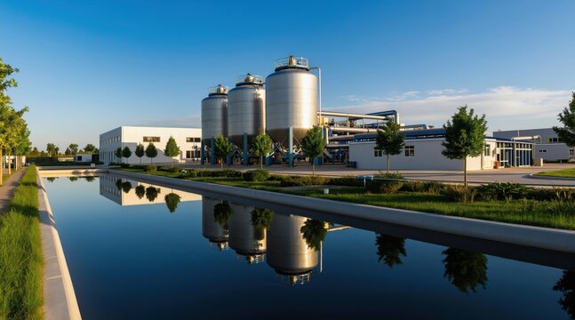 Industrial complex with large storage tanks and clean water canal. Modern buildings and pipelines for chemical processing. Eco-friendly factory exterior on a sunny day.
