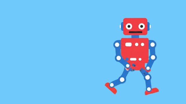 A minimalistic 2D vector animation layout showing a mechanical red toy robot with blue arms and legs walking from right to left across the screen. Placed against a solid light blue background, perfect