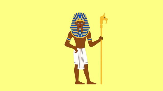 A 2D flat design illustration of an Egyptian ruler standing with a traditional staff. Set against a soft yellow background, this graphic is ideal for storytelling, educational infographics, or cultura