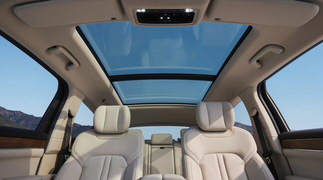 Wide panoramic sunroof view from modern SUV interior. Comfortable cream leather seats offer spacious travel. Enjoy clear blue sky and distant mountains during your trip.