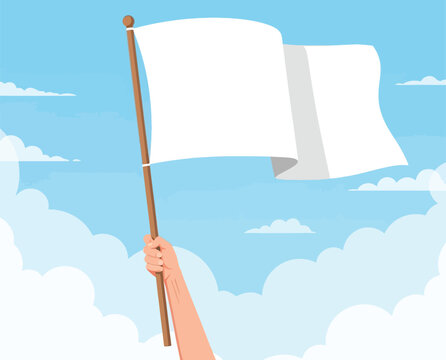 Hand holding white flag against blue sky with clouds symbolizing surrender peace truce peace treaty agreement neutrality or ceasefire.