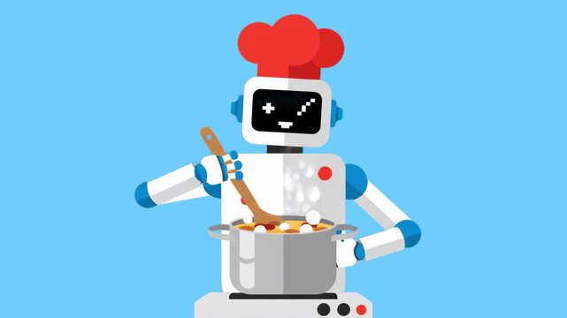 A charming 2D vector graphic animation of a cute white robot wearing a red chef hat, stirring a boiling pot of soup with a wooden spoon. Set against a light blue backdrop, this asset is perfect for sm