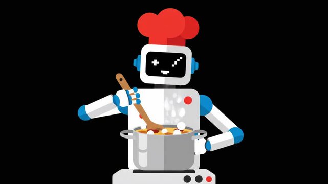 A clean 2D vector animation asset featuring a friendly white and blue robot wearing a red chef's hat while stirring a boiling soup pot with a wooden spoon. Set against a solid black background, ideal 