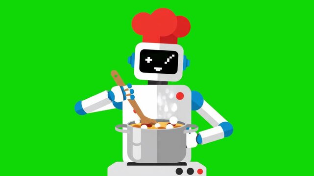 A friendly white android wearing a chef's toque stirs a boiling pot on a stove against a green background. This 2D flat animation explores the concept of AI in the kitchen and automated food preparati