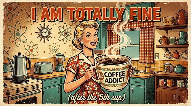 Coffee Addict's Moment: A retro-styled woman embraces the morning, holding a steaming mug, proclaiming I Am Totally Fine, capturing the blend of vintage charm and a coffee lover's mantra.