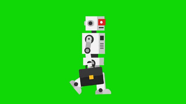 A minimalist white industrial robot character carries a black business briefcase while walking forward against a bright green screen background. This isolated vector style asset is ideal for technolog