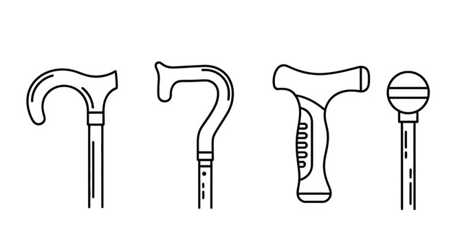 Set of four different walking sticks for elderly people represented in simple outline vector icons for medical mobility assistance and senior health support aid.